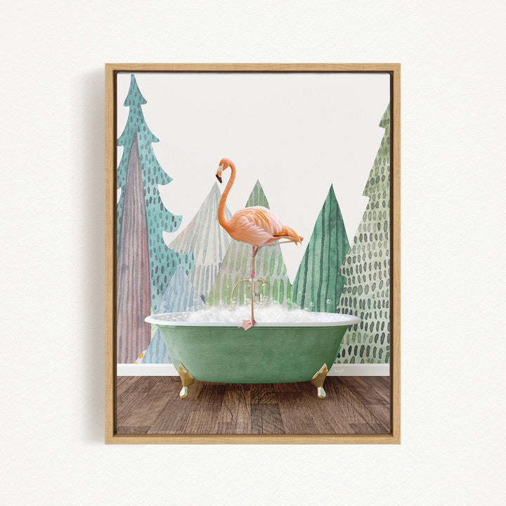 A pink flamingo stands on a green bathtub, surrounded by a forest-themed background with trees and a snowy landscape.