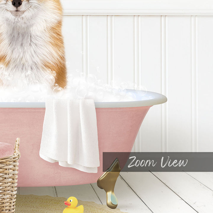 A fluffy orange and white cat sitting in a pink bathtub filled with bubbles, with a yellow rubber duck nearby.
