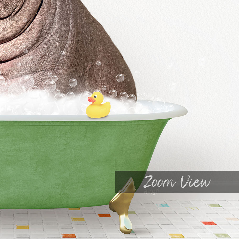 A yellow rubber duck sits in a green bathtub filled with bubbles, with a text overlay that reads "Zoom View".