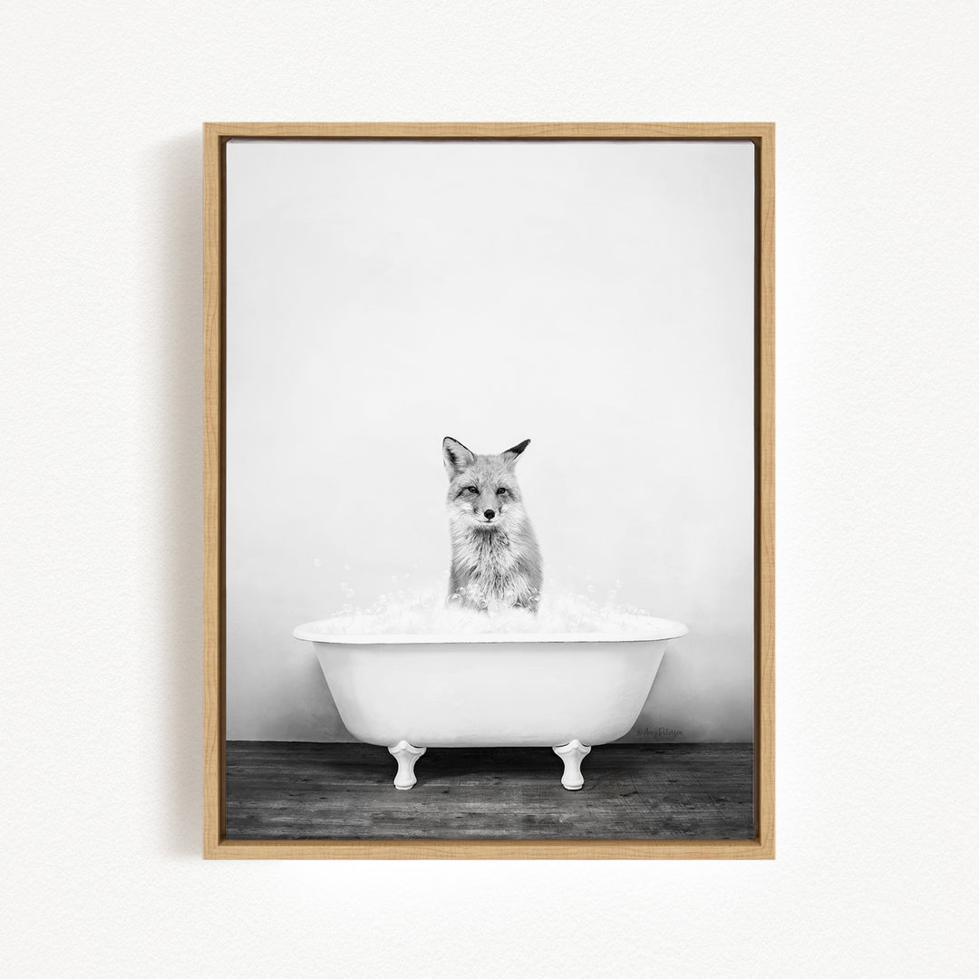 A fox is sitting in a white bathtub filled with water, creating a whimsical and playful scene.