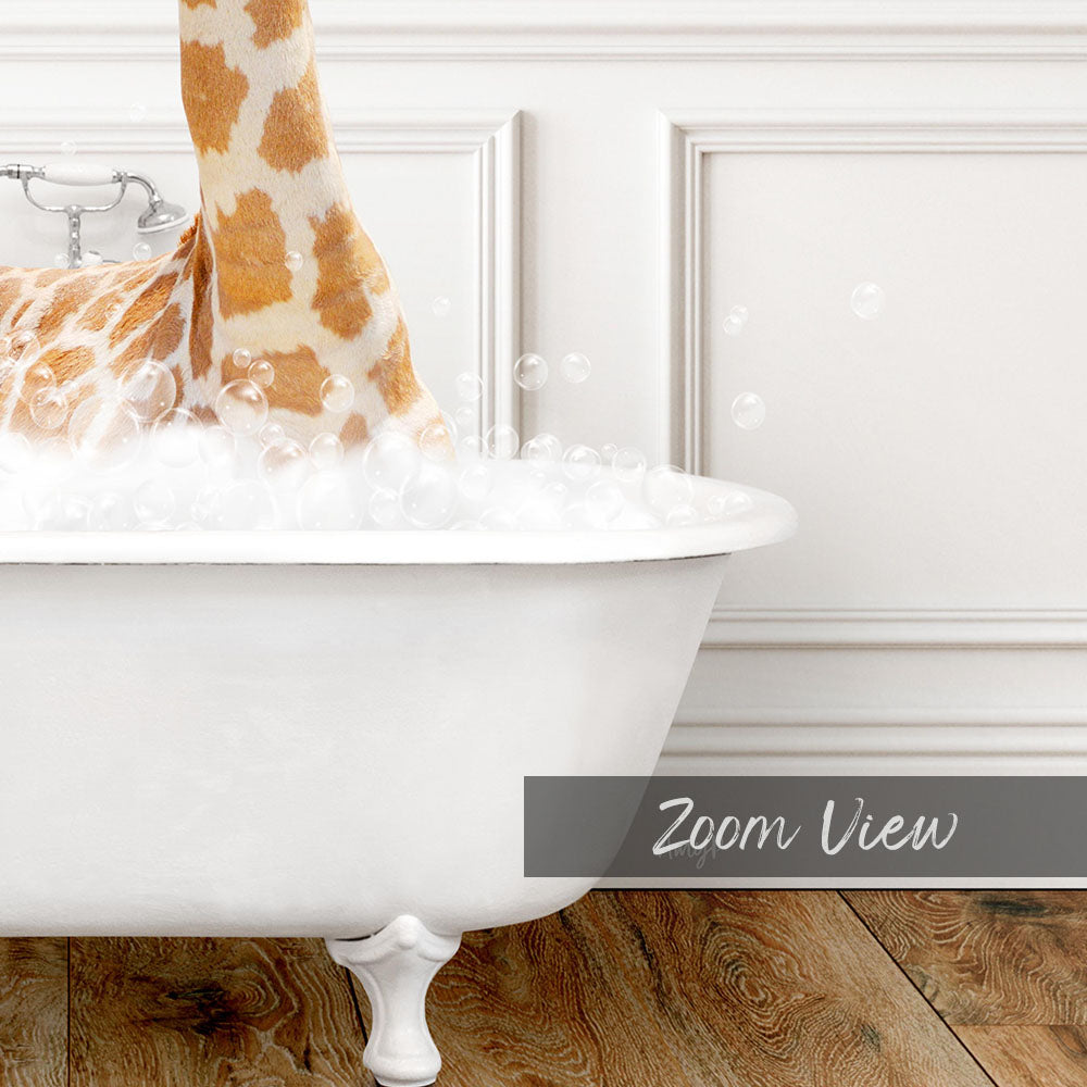 A giraffe standing in a bathtub filled with bubbles, with the text "Zoom View" below the image.