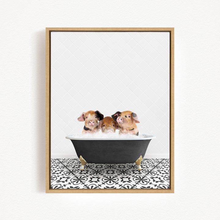 Three adorable pigs sitting in a black bathtub filled with water, creating a playful and whimsical scene.