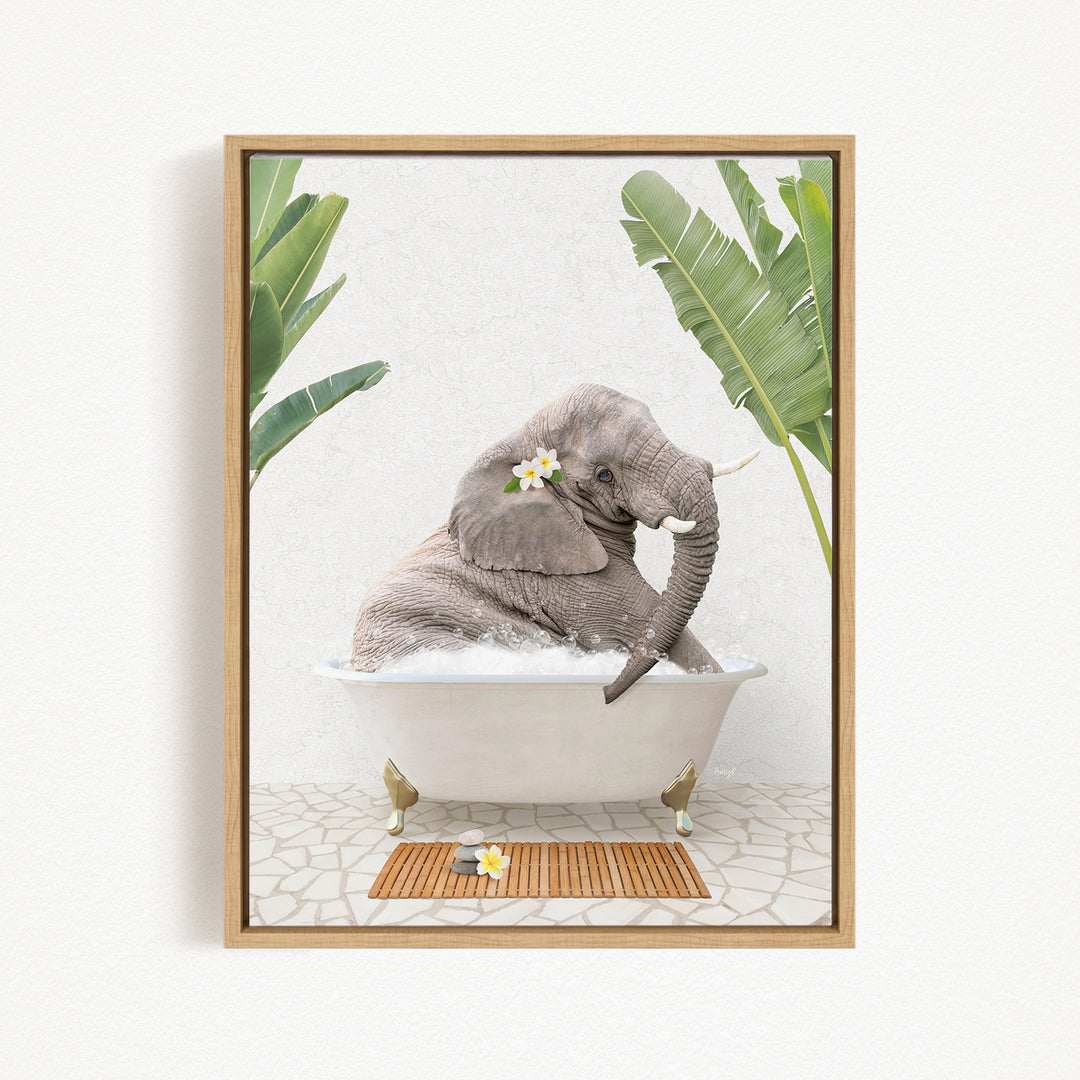 A gray elephant is sitting in a white bathtub, surrounded by green leaves and flowers, creating a whimsical and relaxing scene.