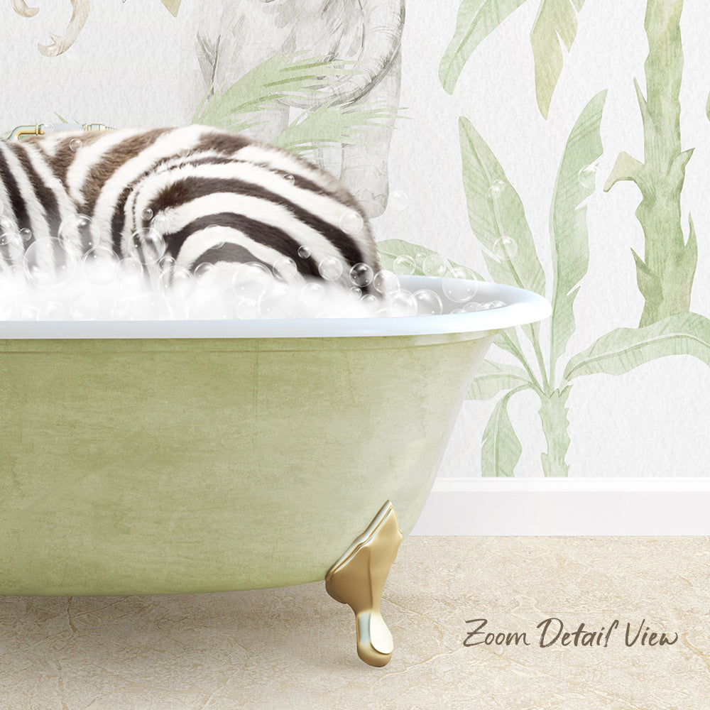A zebra lying in a green bathtub filled with bubbles, with a tropical plant wallpaper in the background.