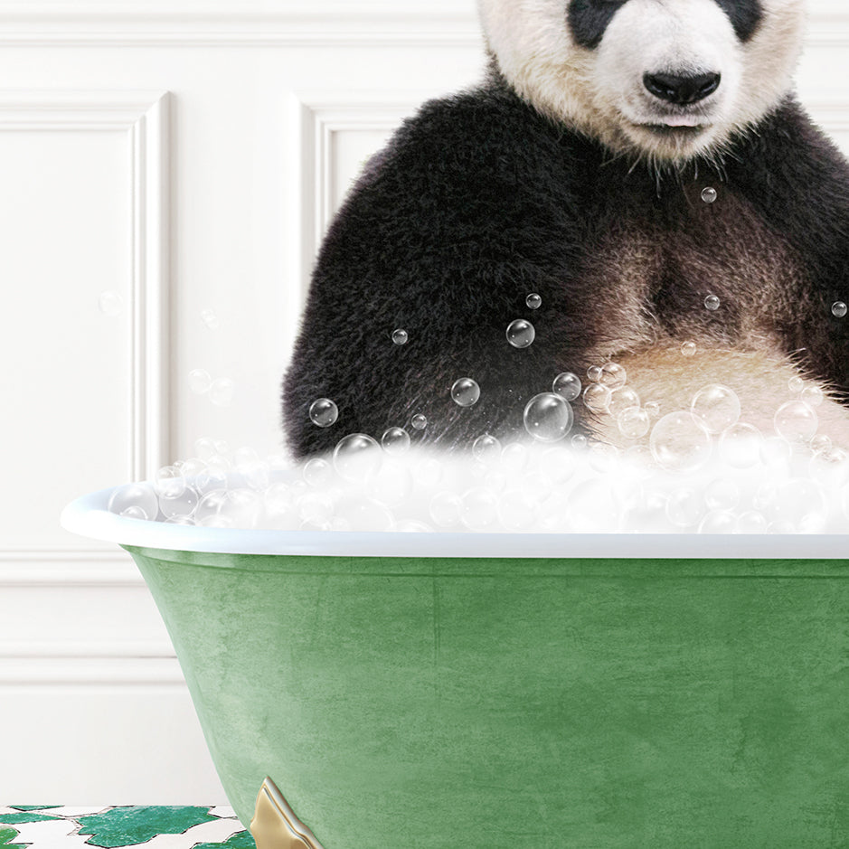 a panda bear sitting in a bath tub filled with bubbles