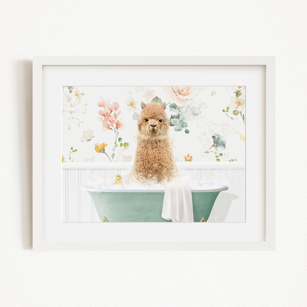 A brown alpaca sitting in a green bathtub filled with bubbles, surrounded by a floral background.