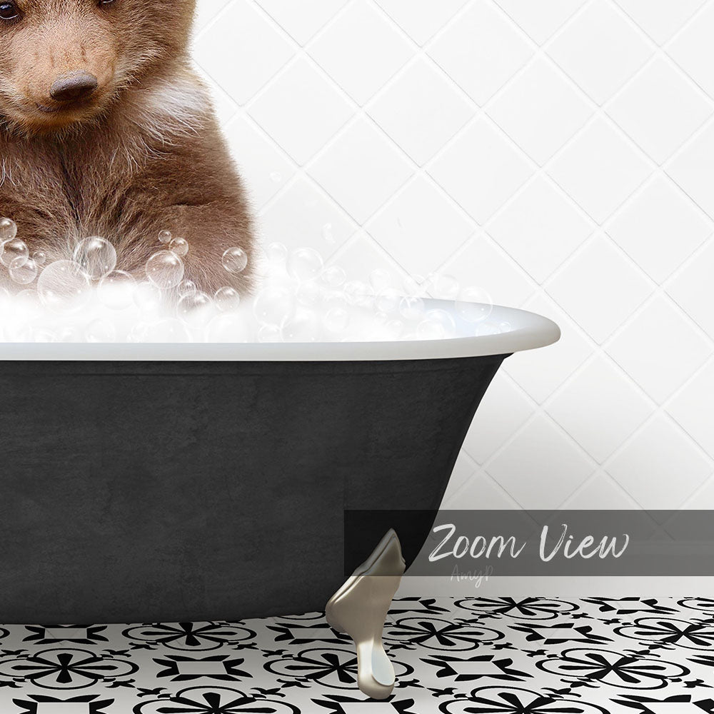 A brown bear is sitting in a bathtub filled with bubbles, with a black and white patterned floor in the foreground.