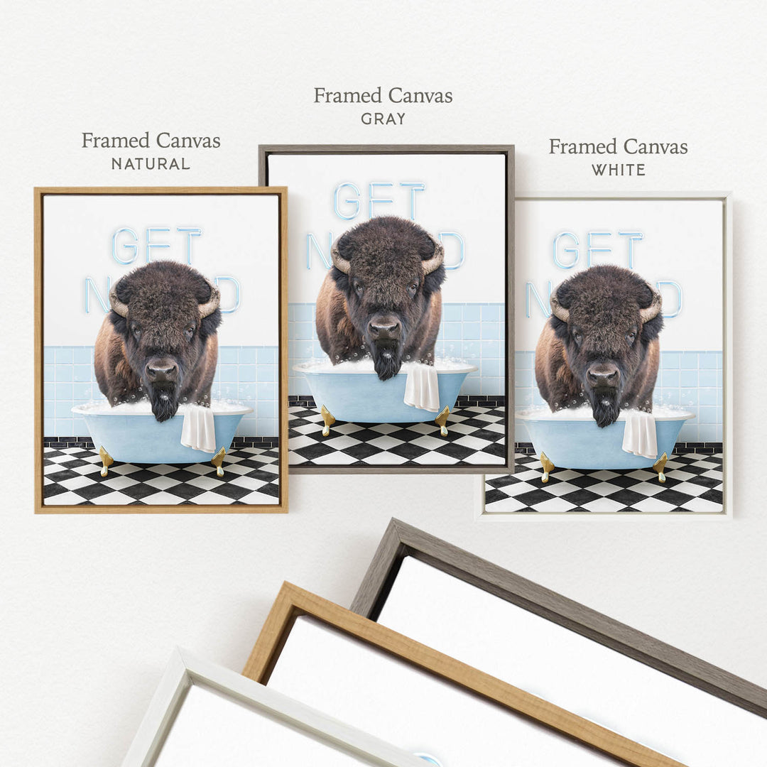 a framed picture of a buffalo sitting in a bathtub, with the word "GET NICKED" written on the tub. The image is presented in three different frame colors: natural, gray, and white.