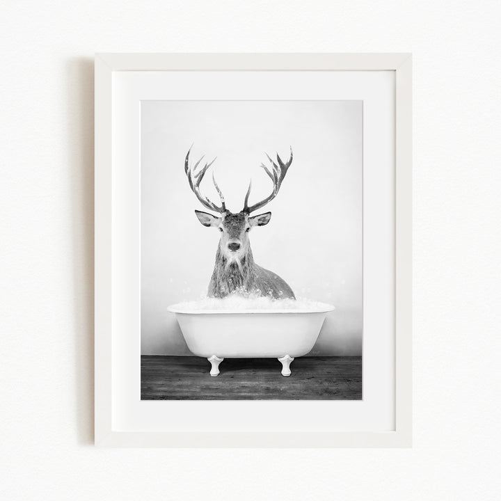 A deer with large antlers is sitting in a white bathtub filled with water, creating a whimsical and unexpected scene.