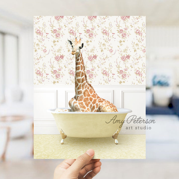 a giraffe sitting in a bathtub in a room