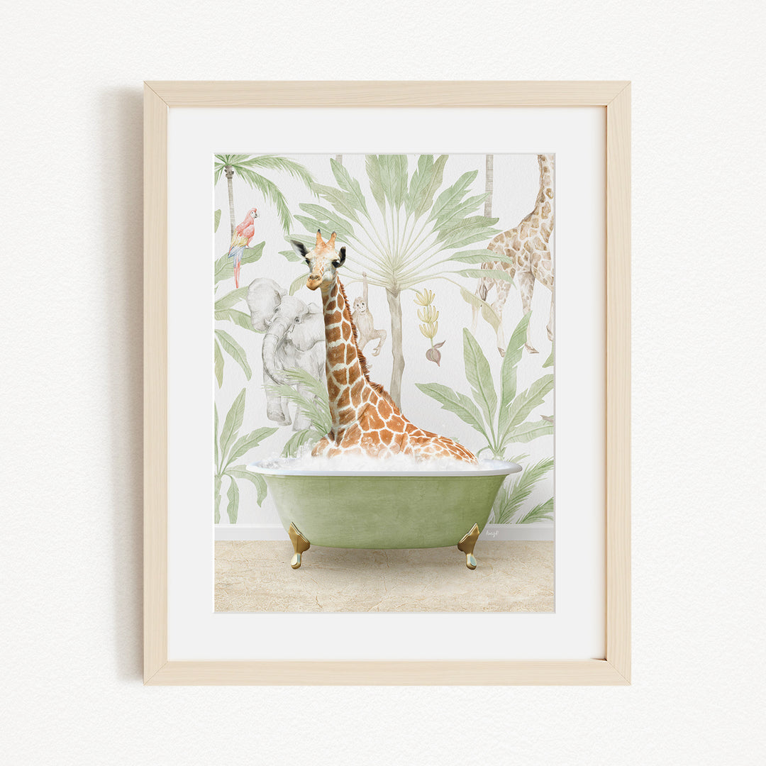 A giraffe sitting in a green bathtub, surrounded by tropical foliage, is the central focus of the framed artwork.
