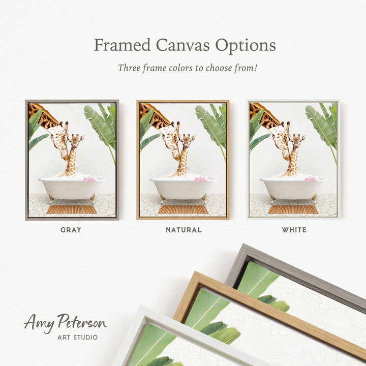 The image is a framed canvas option showcasing three different frame colors: gray, natural, and white. The image features a giraffe in a bathtub, with the giraffe's body partially submerged in the water.