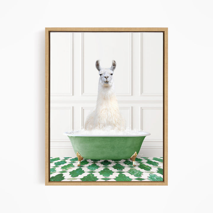 A white llama sitting in a green bathtub filled with bubbles, with a patterned green and white floor in the background.