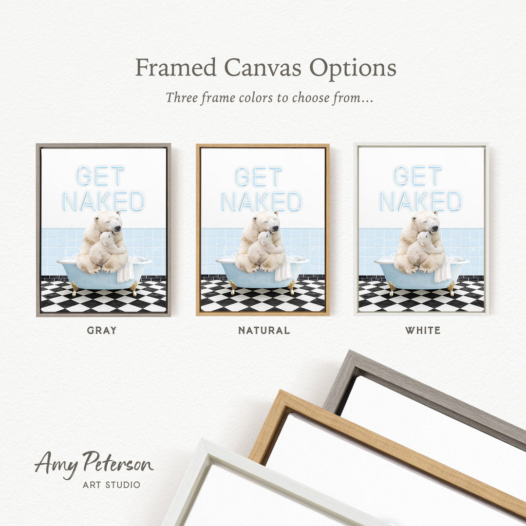 three framed canvas options, each featuring a different color and frame style. The text above the options reads " framed Canvas Options Three frame colors to choose from...".