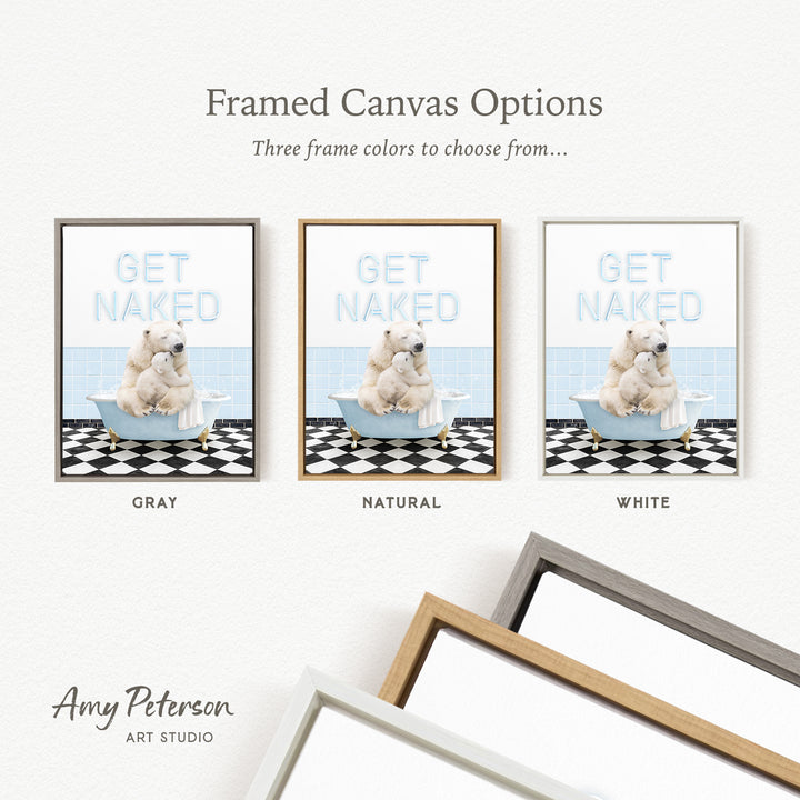three framed canvas options, each featuring a different color and frame style. The text above the options reads " framed Canvas Options Three frame colors to choose from...".