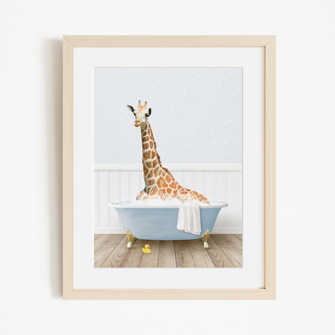 A giraffe sitting in a blue bathtub filled with water, surrounded by yellow rubber duckies.