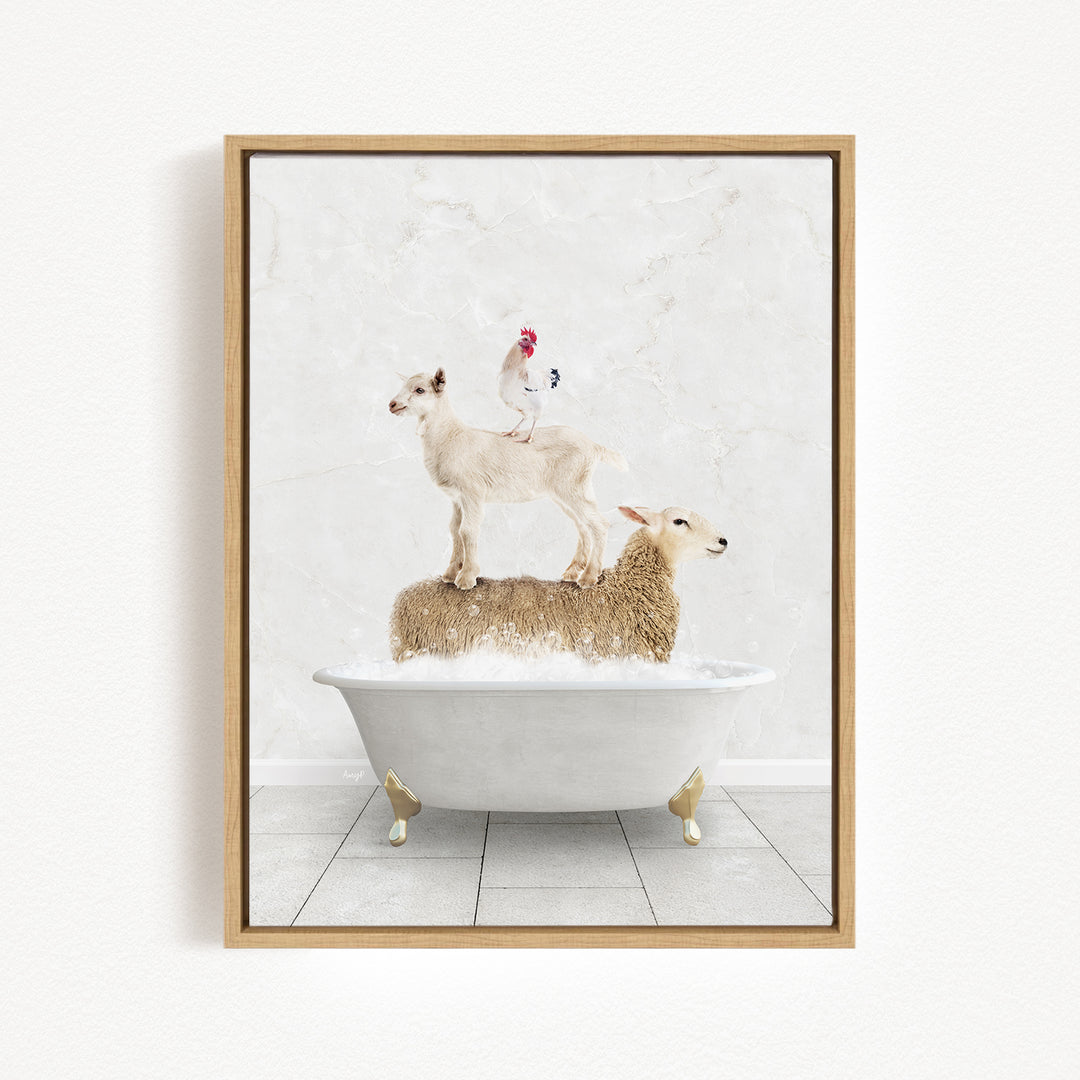 A framed image depicting a sheep standing on a bathtub, with a chicken perched on top of it.
