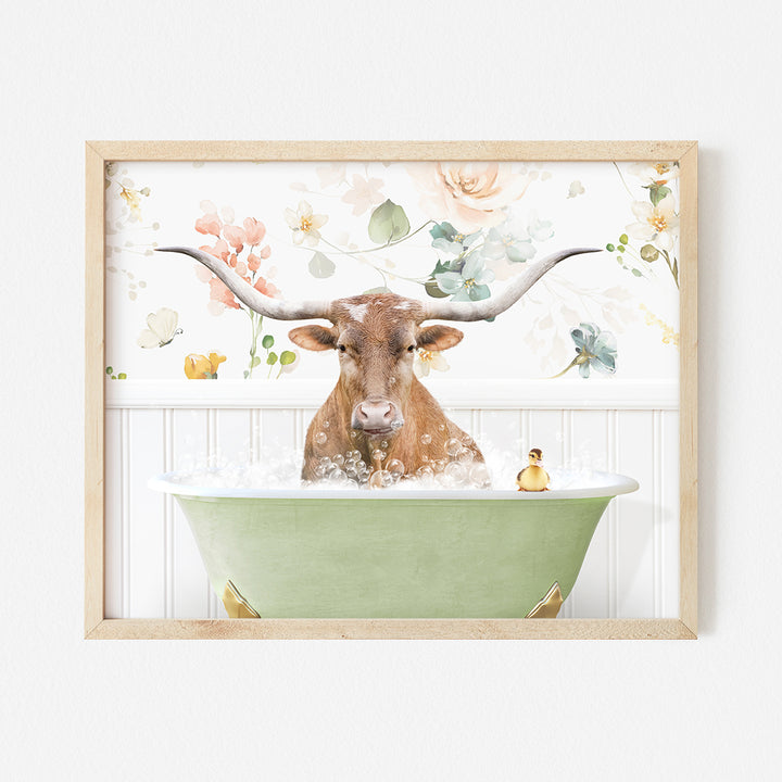 a cow is sitting in a bathtub with flowers on the wall