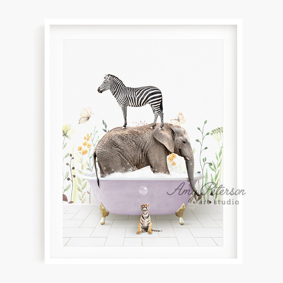 a picture of a zebra and an elephant in a bathtub