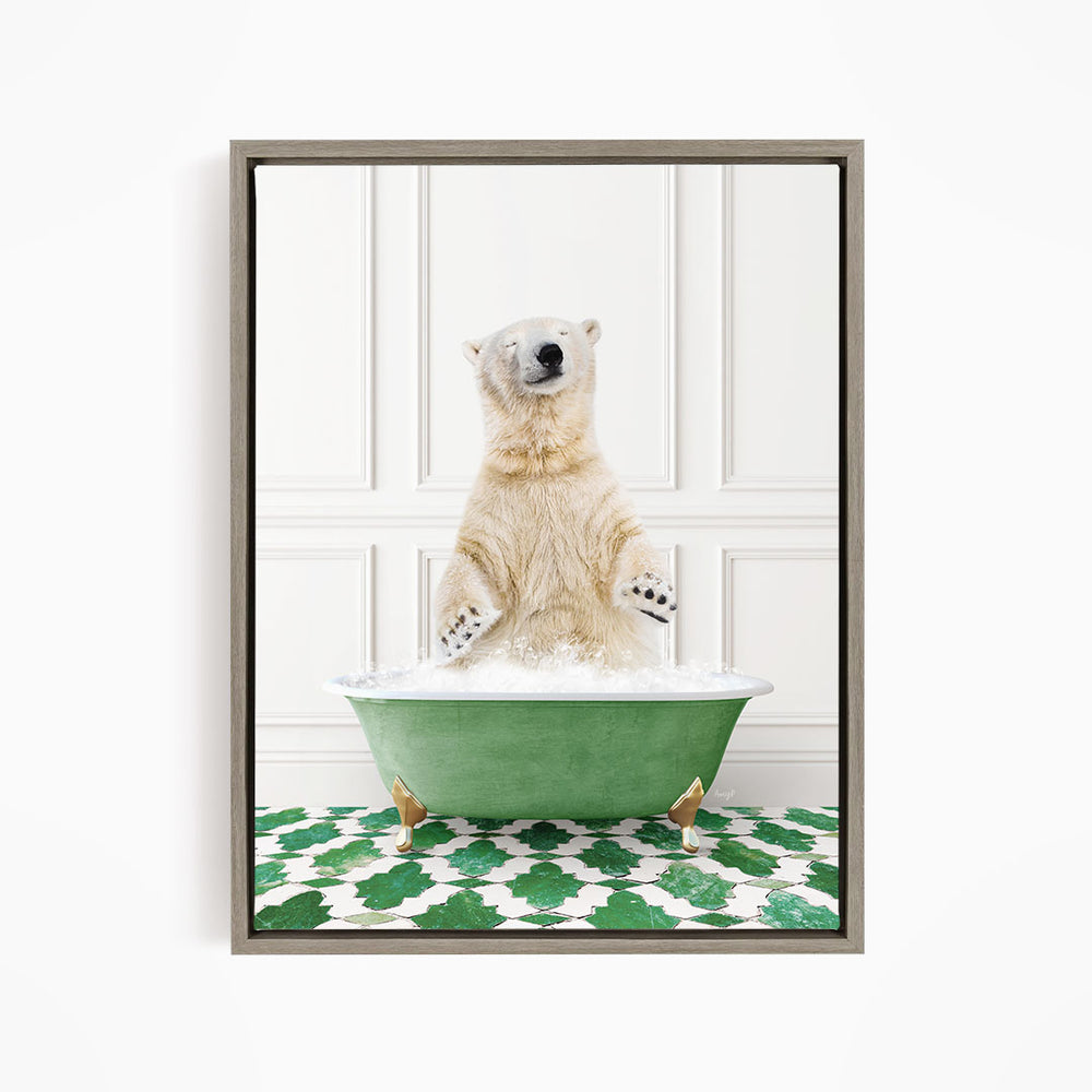 A polar bear standing in a green bathtub filled with water, with its paws raised in the air.