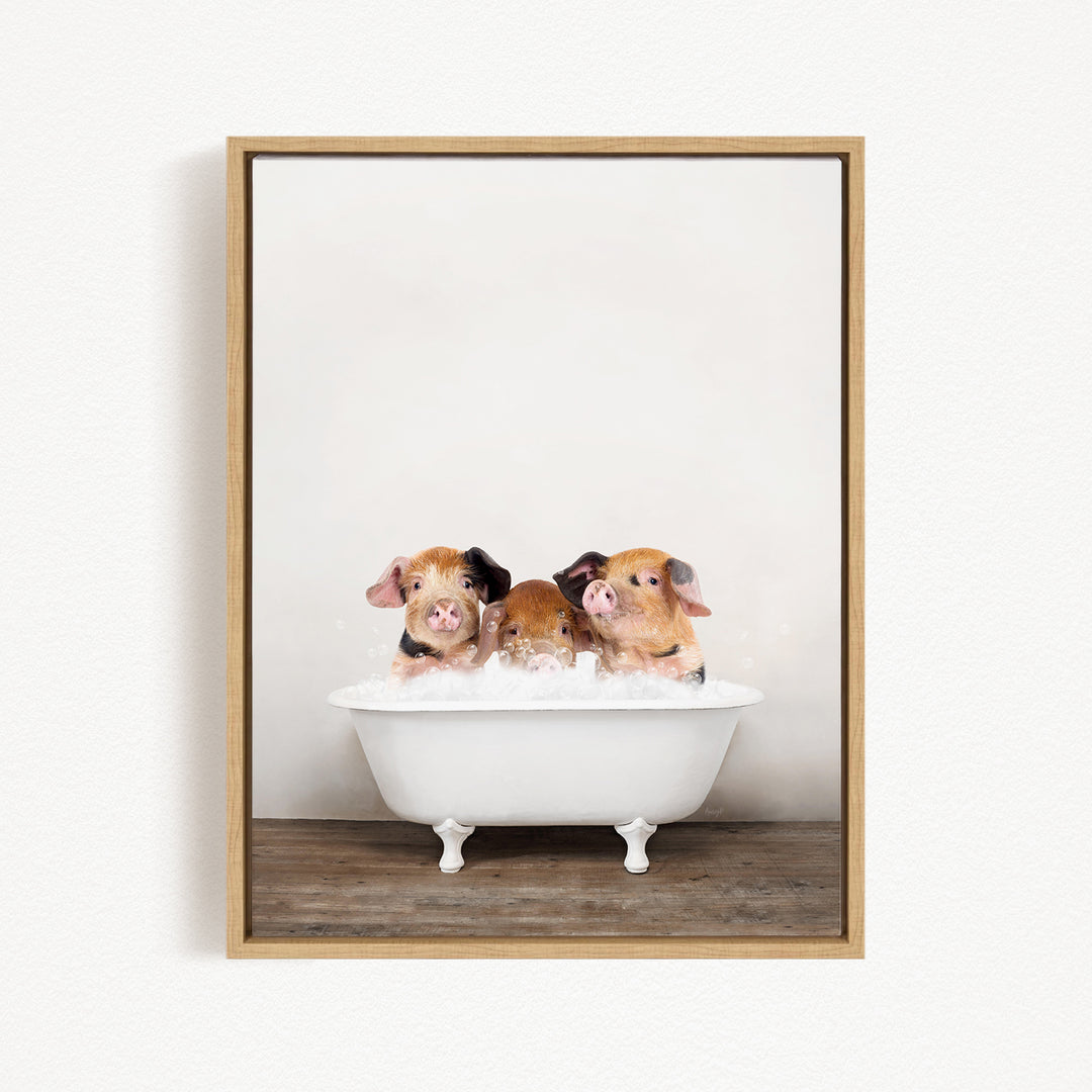 Three adorable pigs sitting in a white bathtub, enjoying a relaxing bath.