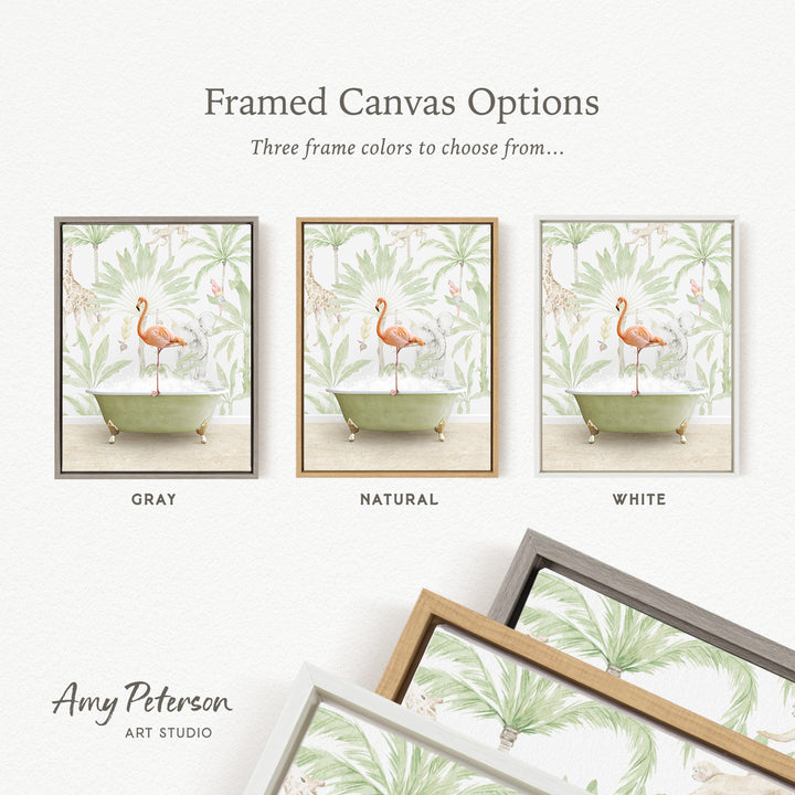 three framed canvas options featuring a pink flamingo in a bathtub, each with a different frame color: gray, natural, and white.