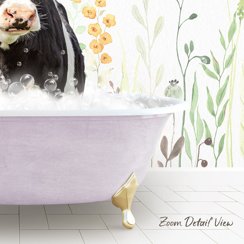 A cow is sitting in a bathtub filled with bubbles, surrounded by a floral wallpaper.