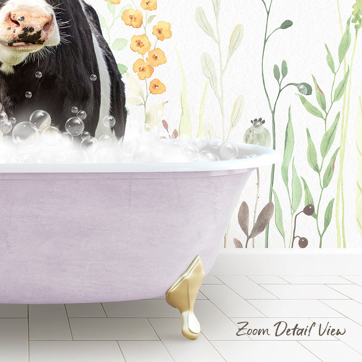 A cow is sitting in a bathtub filled with bubbles, surrounded by a floral wallpaper.
