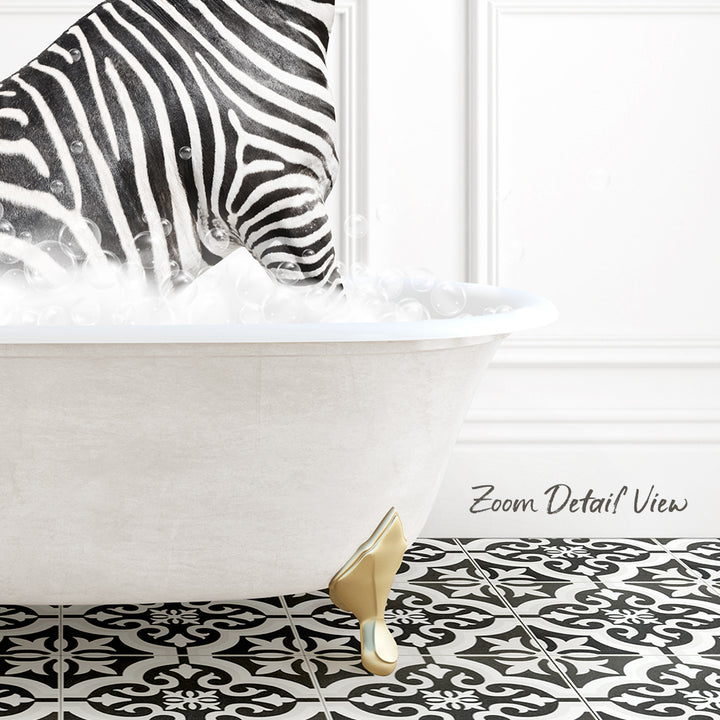 A zebra standing in a bathtub filled with bubbles, with a black and white patterned floor in the background.