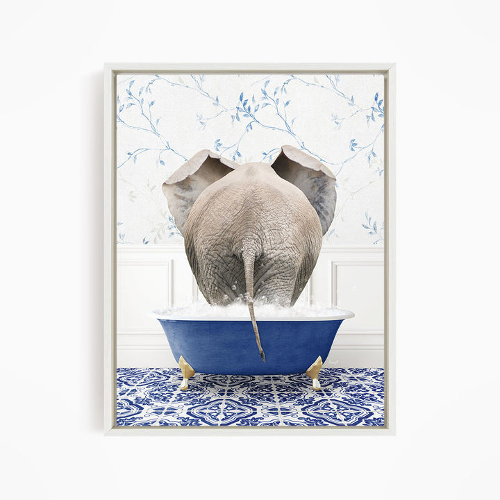 An elephant is sitting in a blue bathtub filled with water, surrounded by a blue and white patterned floor.