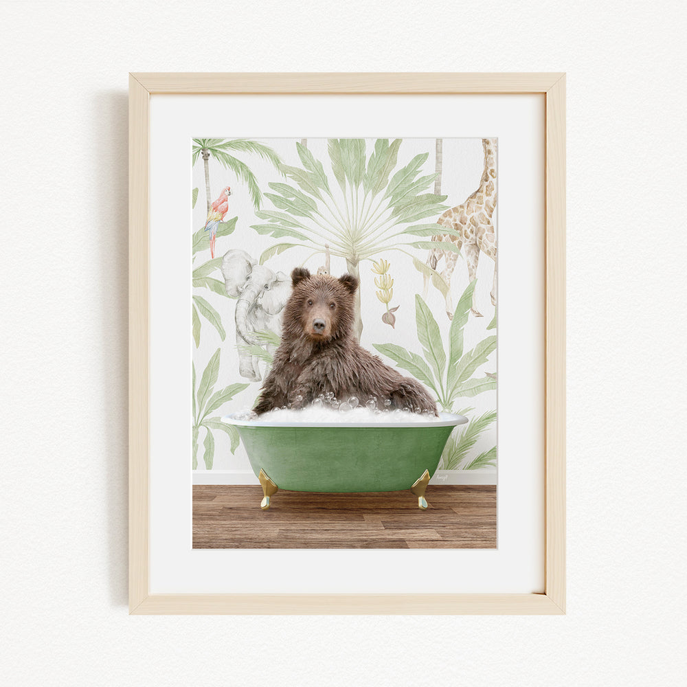 A brown bear is sitting in a green bathtub, surrounded by a tropical wallpaper with various animals and plants.