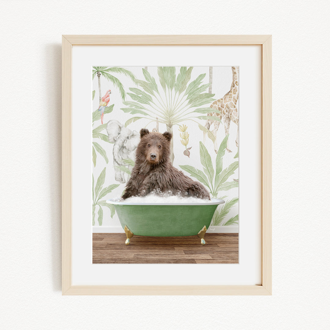 A brown bear is sitting in a green bathtub, surrounded by a tropical wallpaper with various animals and plants.