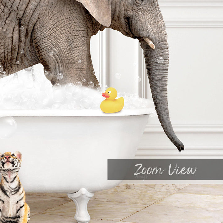 A large elephant is taking a bath in a white bathtub, with a yellow rubber duck floating on the water. A tiger is standing next to the elephant, and a tiger cub is also present in the scene.