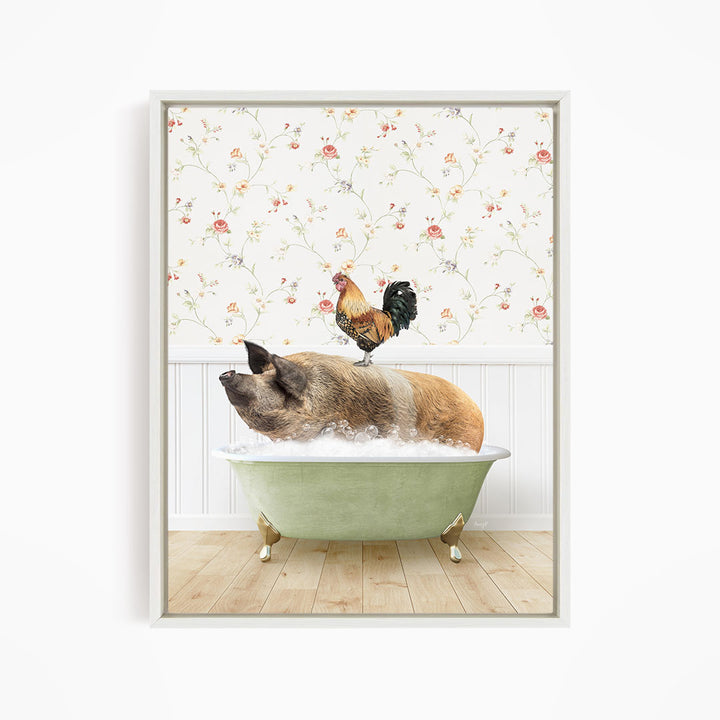 A rooster sits atop a pig in a green bathtub, with a floral wallpaper in the background.