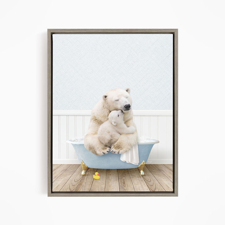 A polar bear and a cub are sitting in a bathtub, with a yellow rubber duck floating in the water.