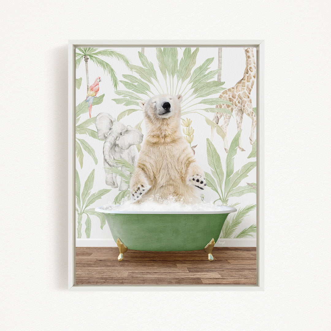 A polar bear sitting in a green bathtub, surrounded by tropical plants and animals, including a giraffe and a parrot.