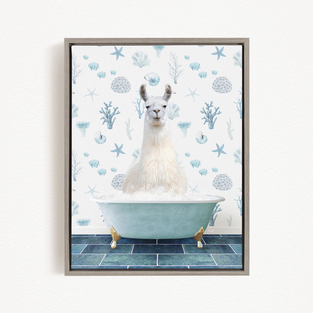 A white llama sitting in a blue bathtub filled with bubbles, surrounded by a pattern of blue and white seashells and starfish.
