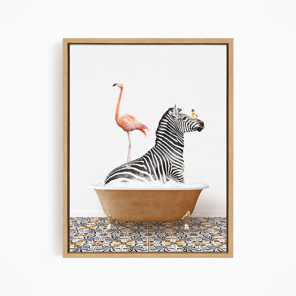 A flamingo stands on the back of a zebra while the zebra is sitting in a bathtub filled with water.