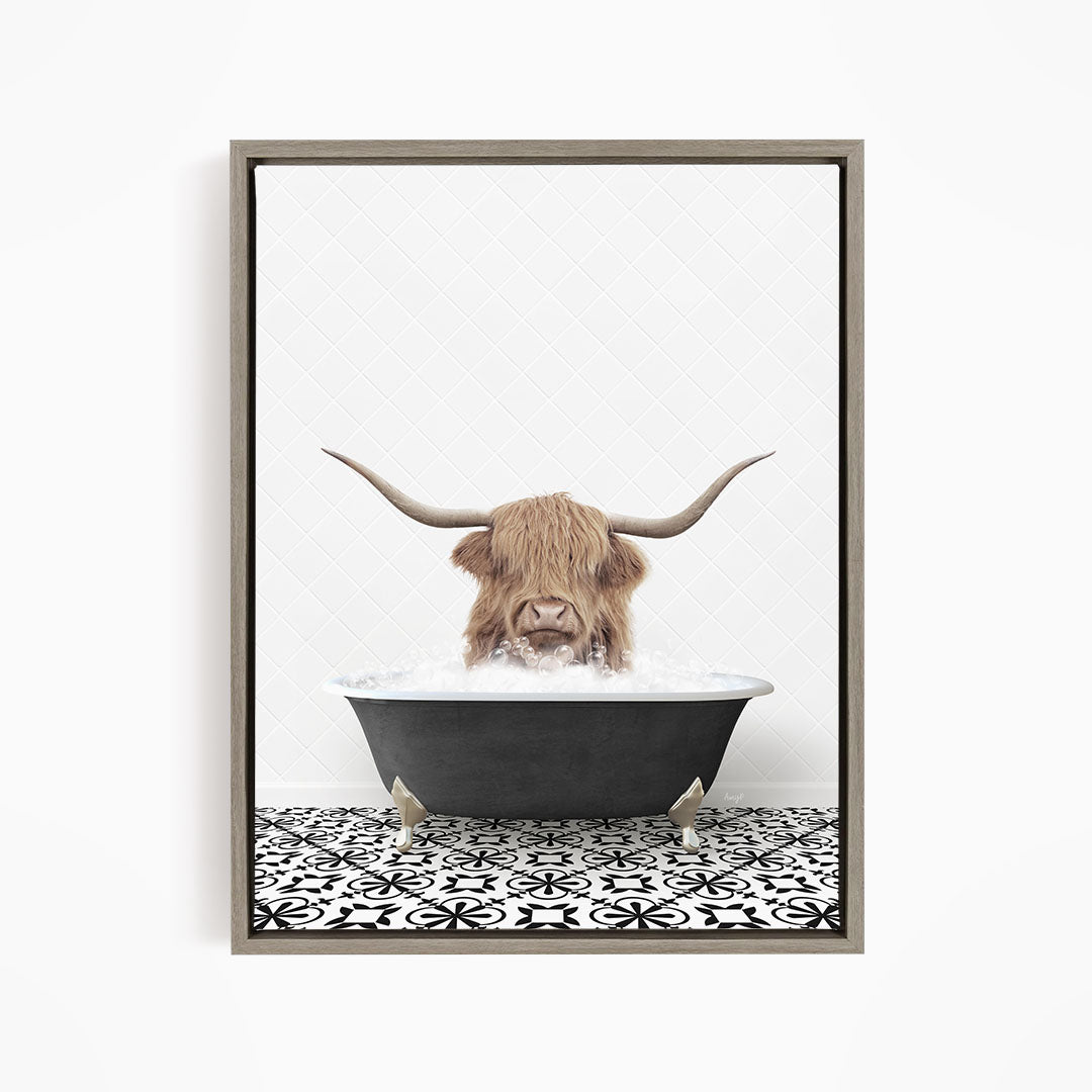 A Highland cow with long horns is sitting in a bathtub filled with water, creating a whimsical and humorous scene.