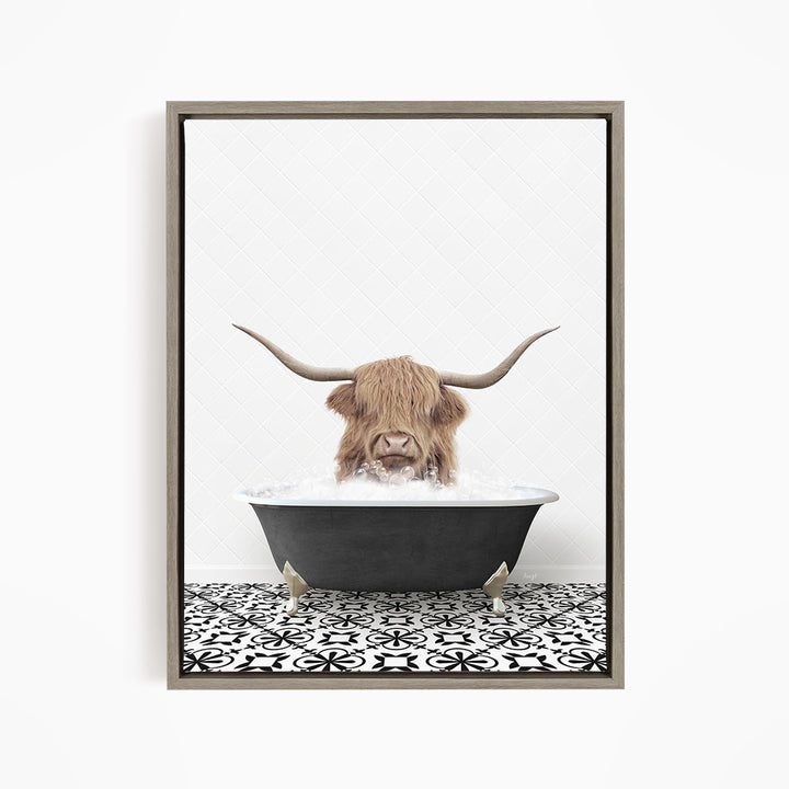 A Highland cow with long horns is sitting in a bathtub filled with water, creating a whimsical and humorous scene.