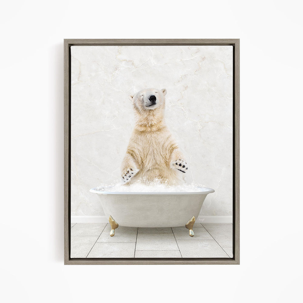 A polar bear standing in a white bathtub filled with water, appearing to be enjoying a bath.
