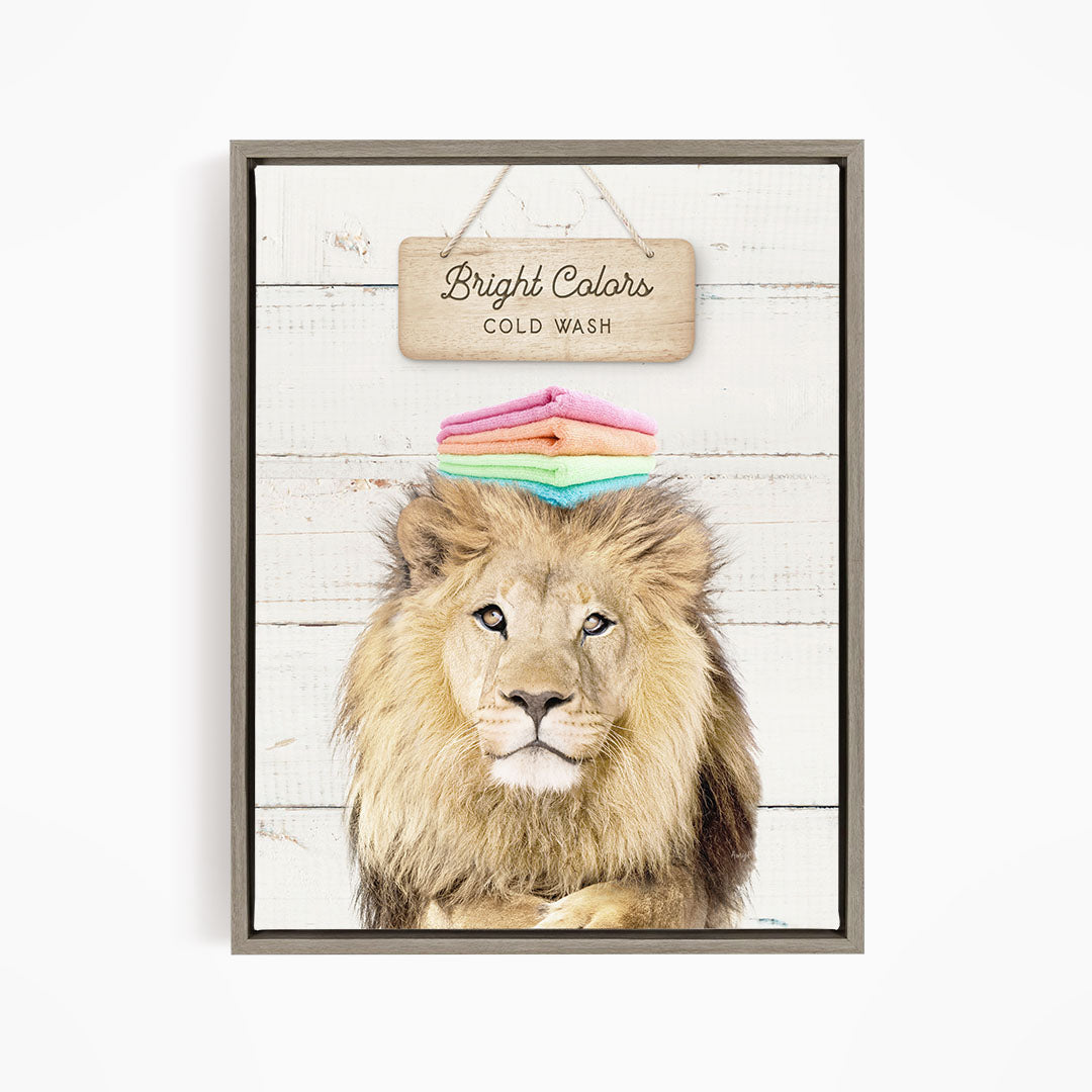 A framed image of a lion with a sign above it that says "Bright Colors Cold Wash".
