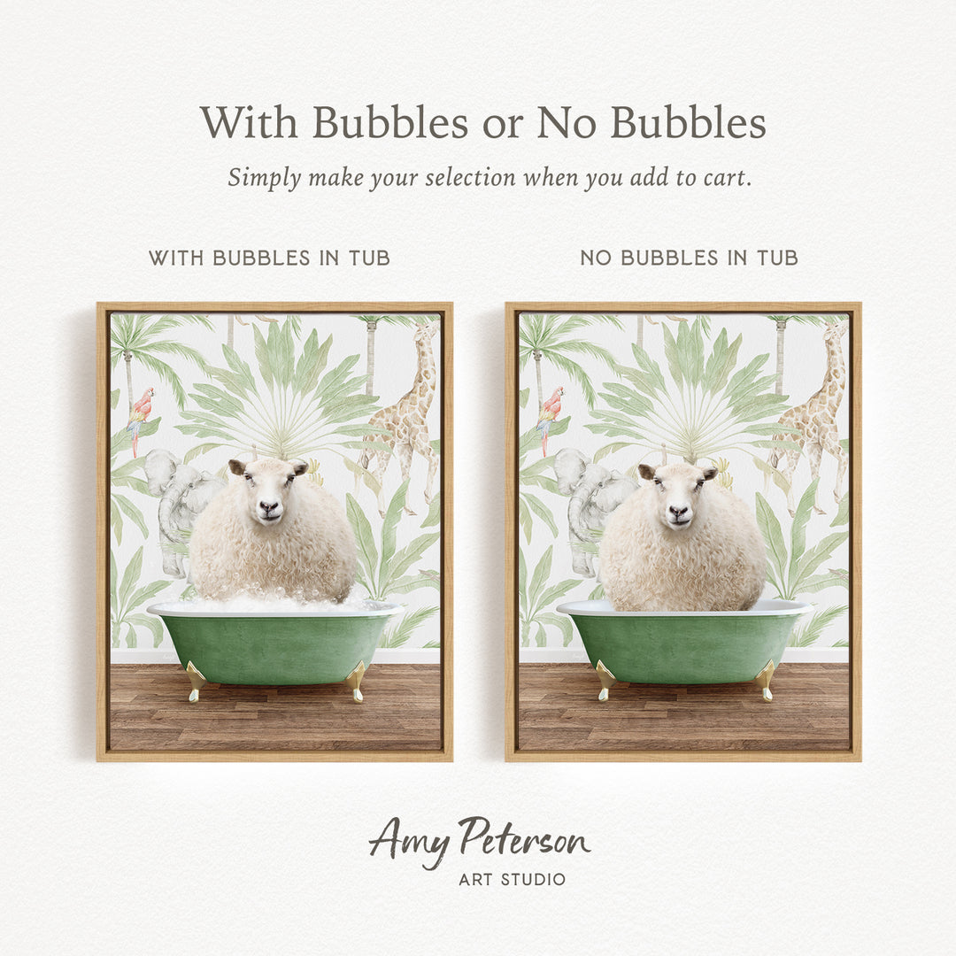 The image is a collage of two framed pictures, each depicting a sheep in a bathtub. The text above the images reads "With Bubbles or No Bubbles" and below the images, it says "Simply make your selection when you add to cart."