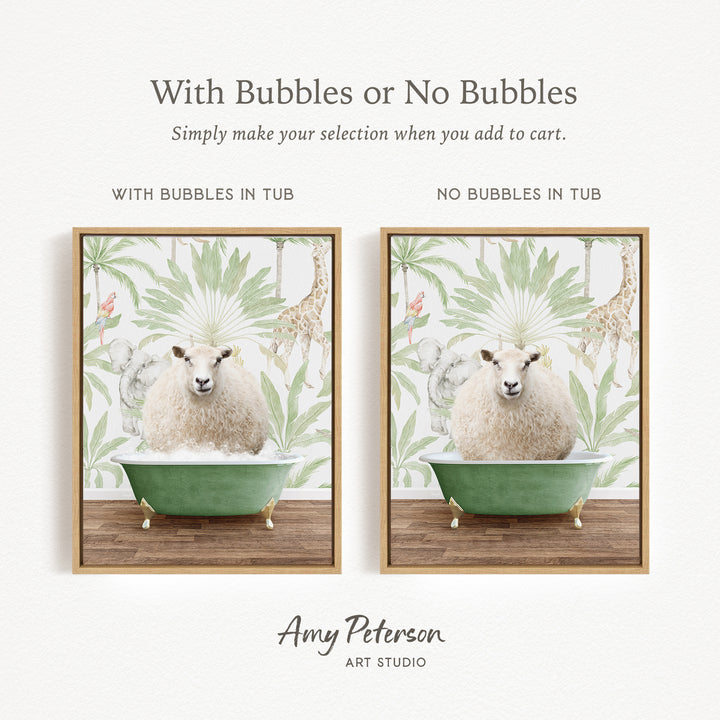 The image is a collage of two framed pictures, each depicting a sheep in a bathtub. The text above the images reads "With Bubbles or No Bubbles" and below the images, it says "Simply make your selection when you add to cart."