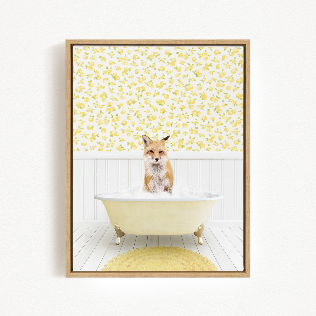 A fox is sitting in a bathtub filled with water, surrounded by a yellow floral pattern on the walls.