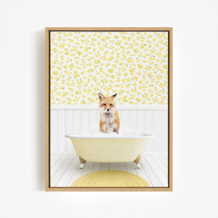 A fox is sitting in a bathtub filled with water, surrounded by a yellow floral pattern on the walls.
