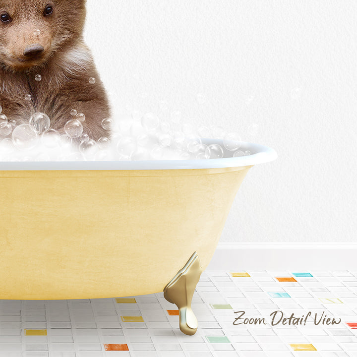 A brown bear sitting in a yellow bathtub filled with bubbles, with a colorful tiled floor in the foreground.