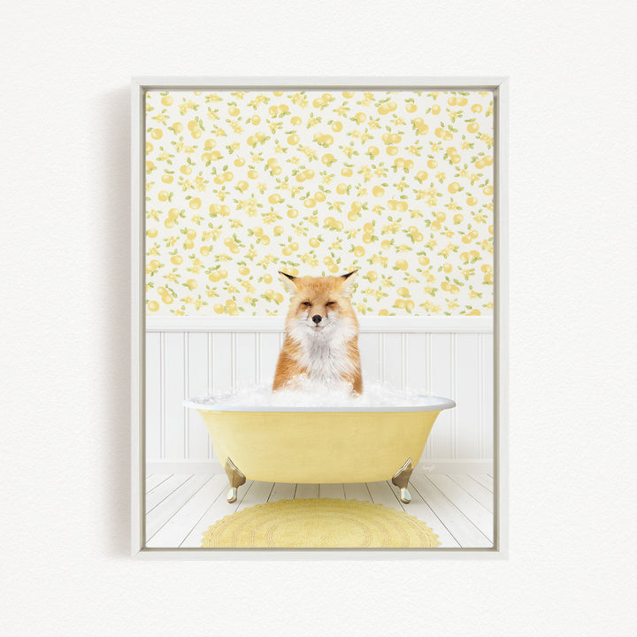 A fox is sitting in a yellow bathtub filled with bubbles, surrounded by a yellow floral wallpaper.