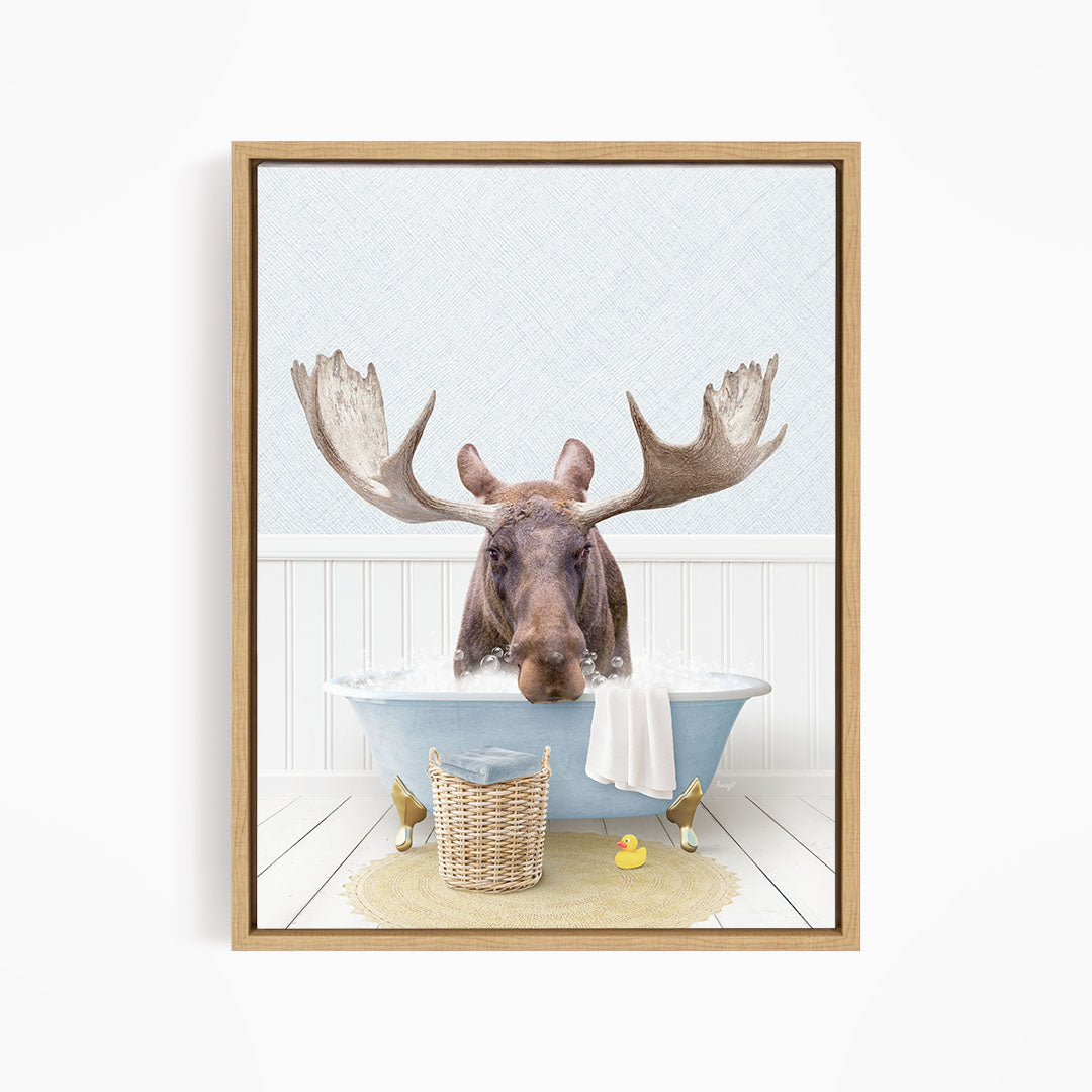 A moose is sitting in a bathtub filled with water, surrounded by rubber ducks.