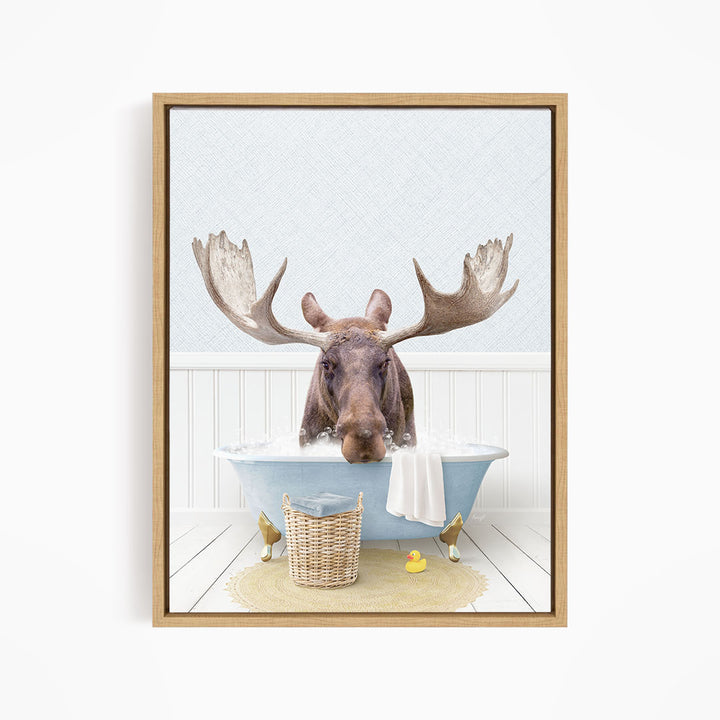 A moose is sitting in a bathtub filled with water, surrounded by rubber ducks.